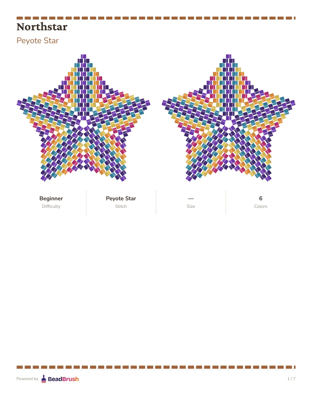 The cover page of a BeadBrush pattern PDF export in the Warm Artisan theme